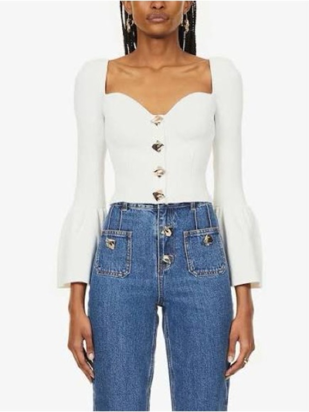 NWT Self-Portrait White Ribbed Bell-Sleeve Corset Cardigan Gold Buttons Sz M